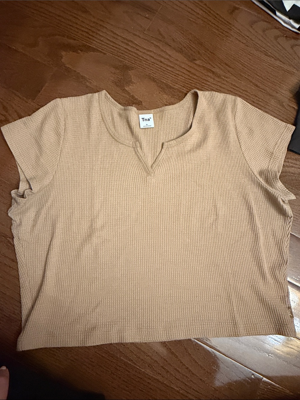 TNA Ribbed Cropped Notch Neck Top - Tan